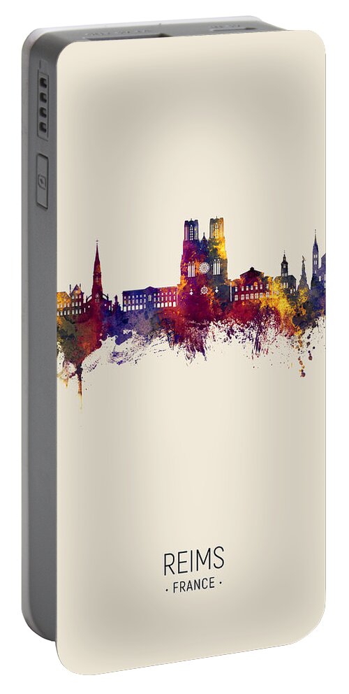 Reims Portable Battery Charger featuring the digital art Reims France Skyline #83 by Michael Tompsett