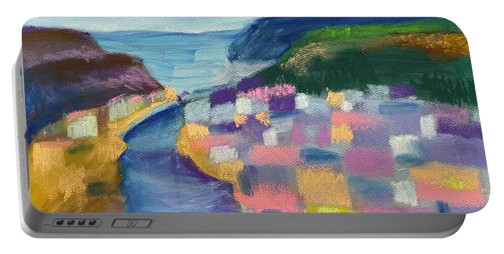 River Portable Battery Charger featuring the pastel Reiverside Village by Lynellen Nielsen