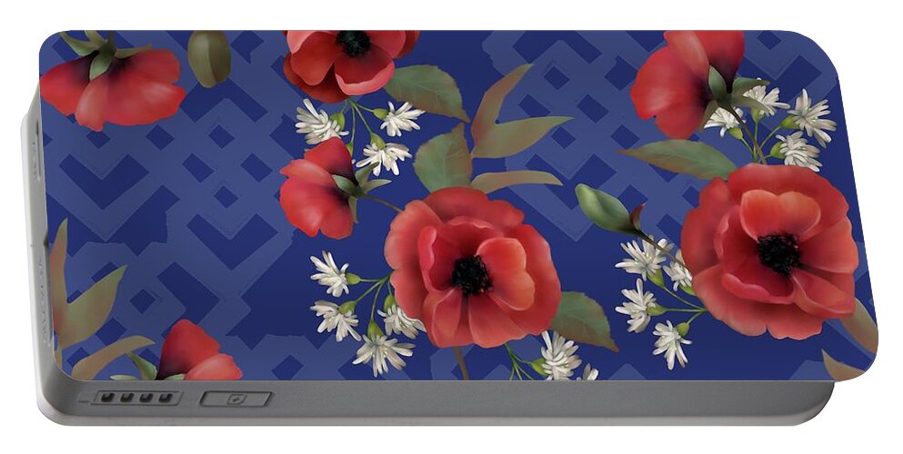Poppies Portable Battery Charger featuring the digital art Remembrance Blue Floral by Sand And Chi