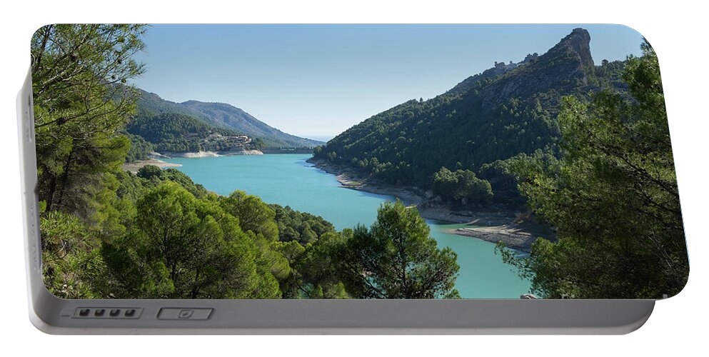 Lake Portable Battery Charger featuring the photograph Reservoir and castle of Guadalest by Adriana Mueller