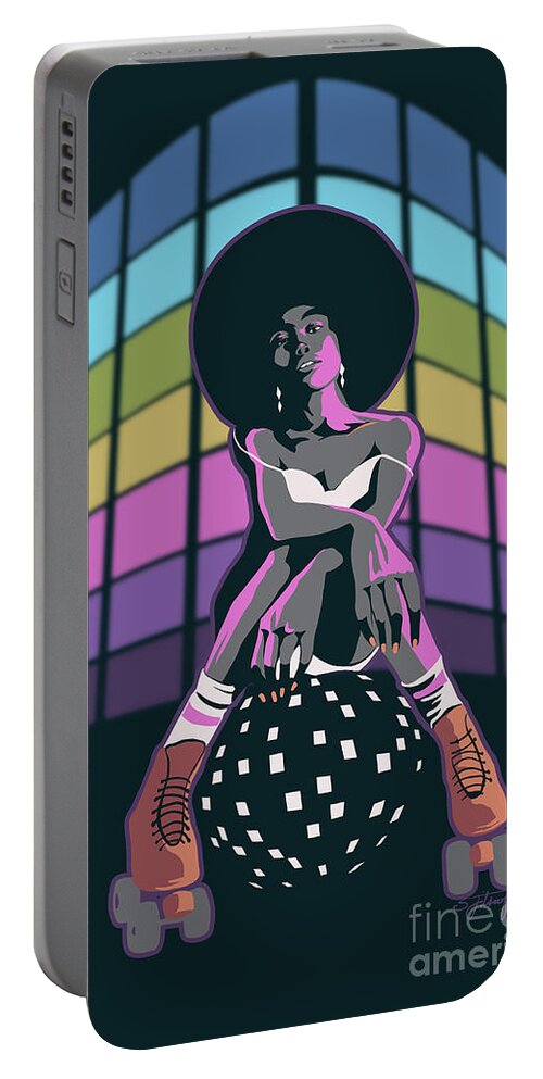 Roller Skate Portable Battery Charger featuring the painting Retro Disco Roller Queen by Sassan Filsoof