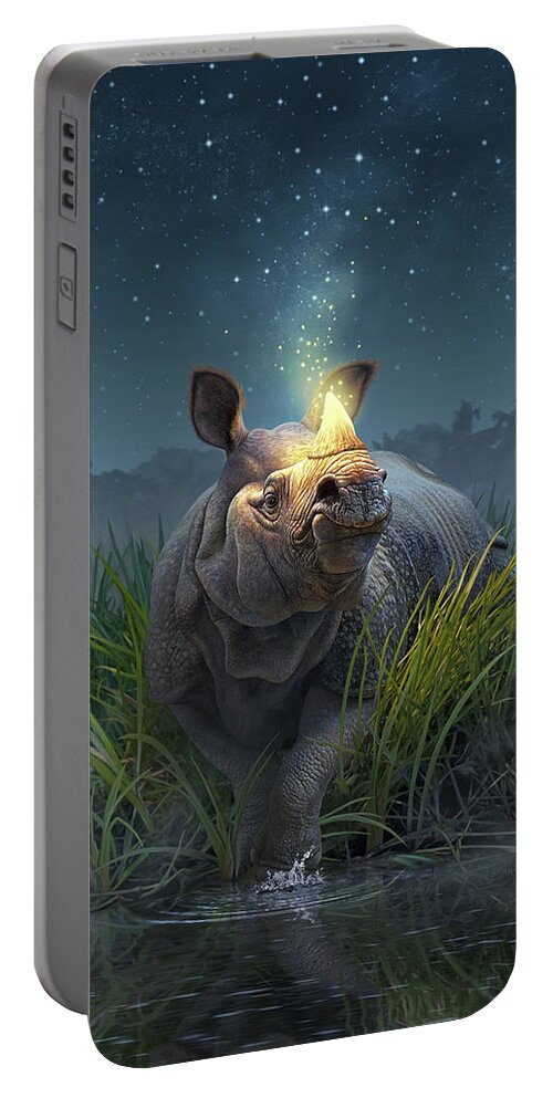 Rhino Portable Battery Charger featuring the digital art Rhinoceros Unicornis by Jerry LoFaro