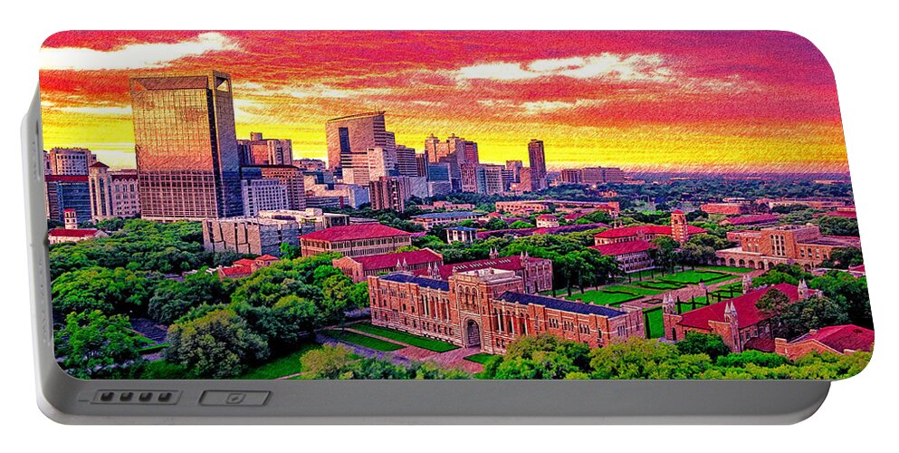 Rice University Portable Battery Charger featuring the digital art Rice University campus with the Texas Medical Center seen in the distance at sunset, in Houston by Nicko Prints