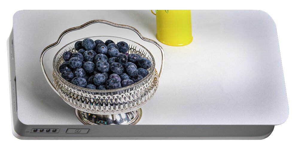 Tabletop Portable Battery Charger featuring the photograph Ripe Blueberries in Silver Bowl by Charles Floyd