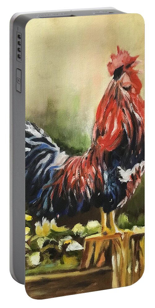 Colorful Rooster Portable Battery Charger featuring the painting Rise and Shine by Juliette Becker