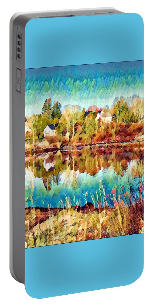 Landscape Portable Battery Charger featuring the mixed media River Reflections in Autumn by Lisa Pearlman