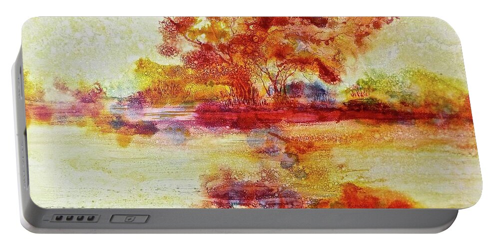 Watercolor Portable Battery Charger featuring the painting Riverscape in Red by Carolyn Rosenberger