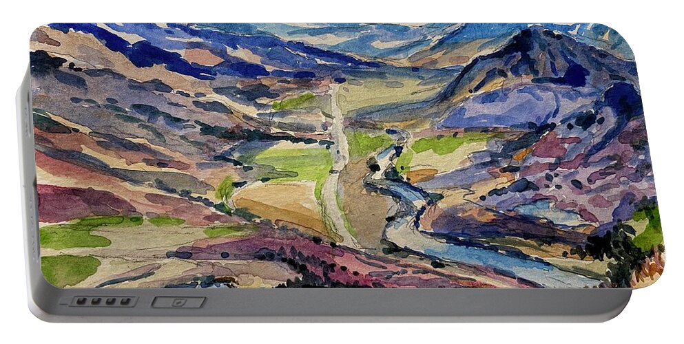 Yellowstone Portable Battery Charger featuring the painting Road to Gardiner by Les Herman