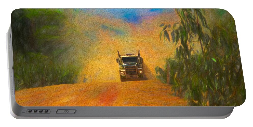 Road Scene Portable Battery Charger featuring the mixed media Road Train to Pormpuraaw Cape York Queensland Australia by Joan Stratton