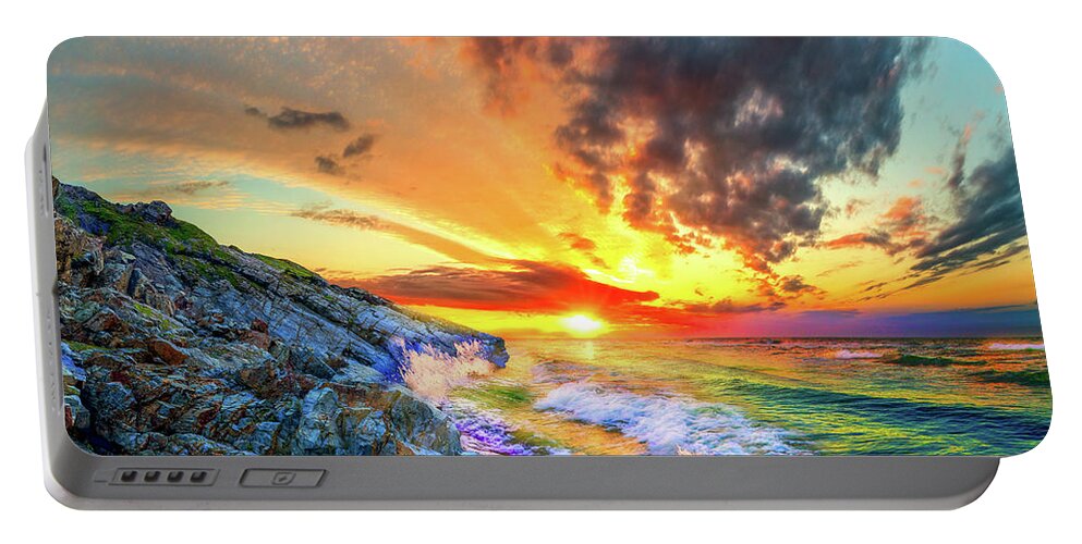 Beach Portable Battery Charger featuring the photograph Rocky Cliffs Waves Spiral Ocean Sunset by Eszra Tanner