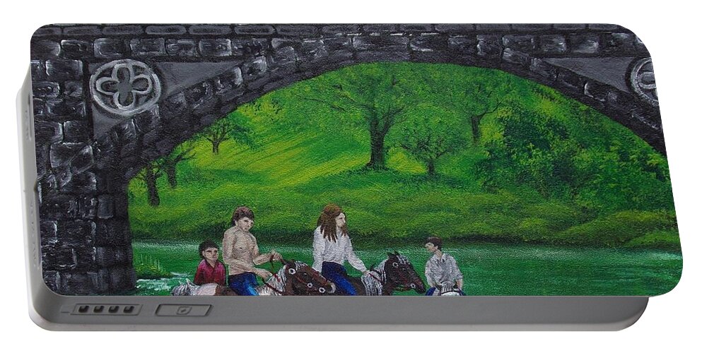 Art Portable Battery Charger featuring the painting Romanichal Ponies On The River Eden by The GYPSY