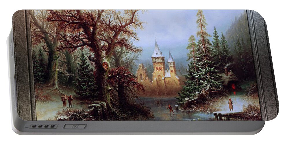Romantic Winter Landscape Portable Battery Charger featuring the painting Romantic Winter Landscape with Ice Skaters by Albert Bredow Fine Art Xzendor7 Old Masters Reproducti by Rolando Burbon