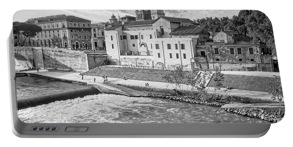 Trastevere Portable Battery Charger featuring the photograph Rome - Tiber River and Tiber Island Black and White by Stefano Senise