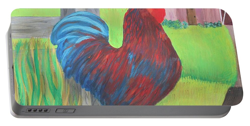 Rooster Hen Diptych Farm Valley Barn Hill Portable Battery Charger featuring the painting Rooster Says Cockle-doodle Dooo by Elizabeth Mauldin