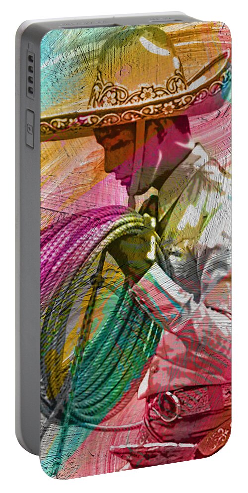 Jarabe Tapatio Portable Battery Charger featuring the mixed media Rolling The Rope by J U A N - O A X A C A
