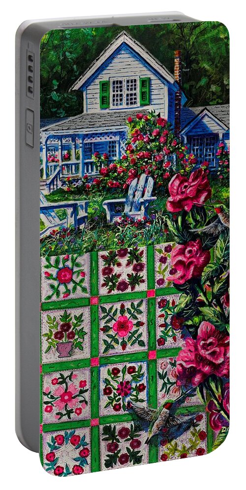 A Patchwork Quilt Of Traditional Rose Patterns In A Rose Garden With Hummingbirds Portable Battery Charger featuring the painting Rose Garden by Diane Phalen