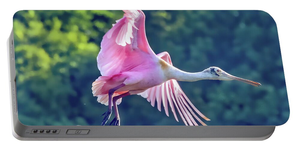 Bird Portable Battery Charger featuring the photograph Roseate Spoonbill in Flight by Tom Watkins PVminer pixs