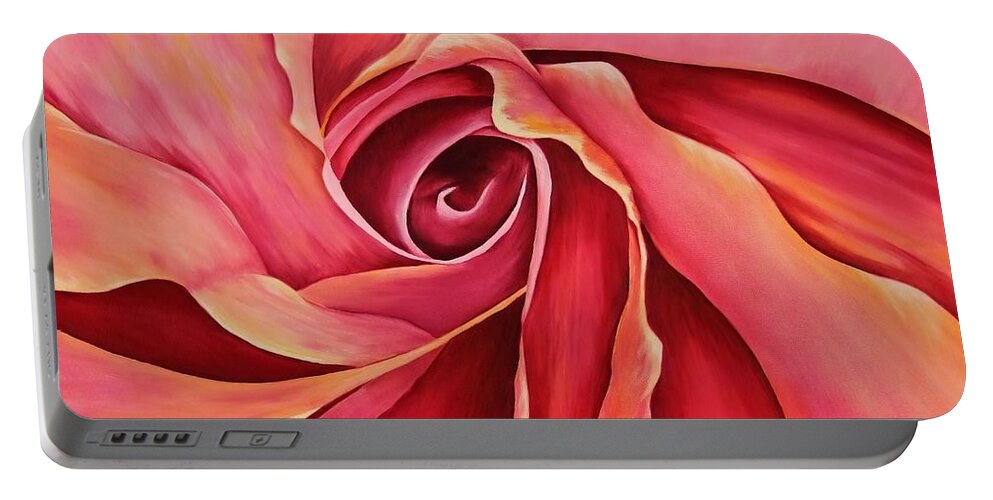 Red Flower Paintings Portable Battery Charger featuring the painting Rosebud by Mary Deal