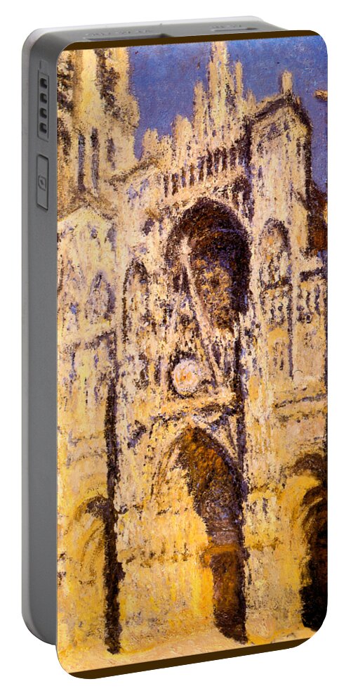 Claude Monet Portable Battery Charger featuring the painting Rouen Cathedral Portal and Tour d Albane Full Sunlight Harmony in Blue and Gold by Claude Monet