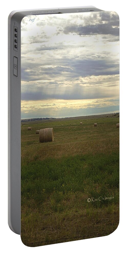 Hay Bales Portable Battery Charger featuring the photograph Round Hay Bales and Summer Sky by Kae Cheatham
