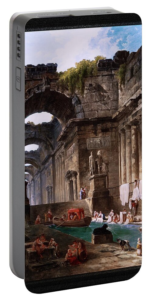 Ruins Of A Roman Bath With Washerwomen Portable Battery Charger featuring the painting Ruins Of A Roman Bath With Washerwomen by Hubert Robert Remastered Xzendor7 Reproductions by Xzendor7