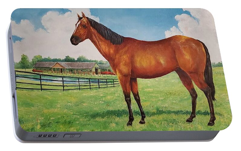 Kentucky Kentucky Derby Equestrian Horse Horseracing Derby Thoroughbred Racing Art Artwork Artist Oil Painting  Portable Battery Charger featuring the painting Run for the Roses by ML McCormick