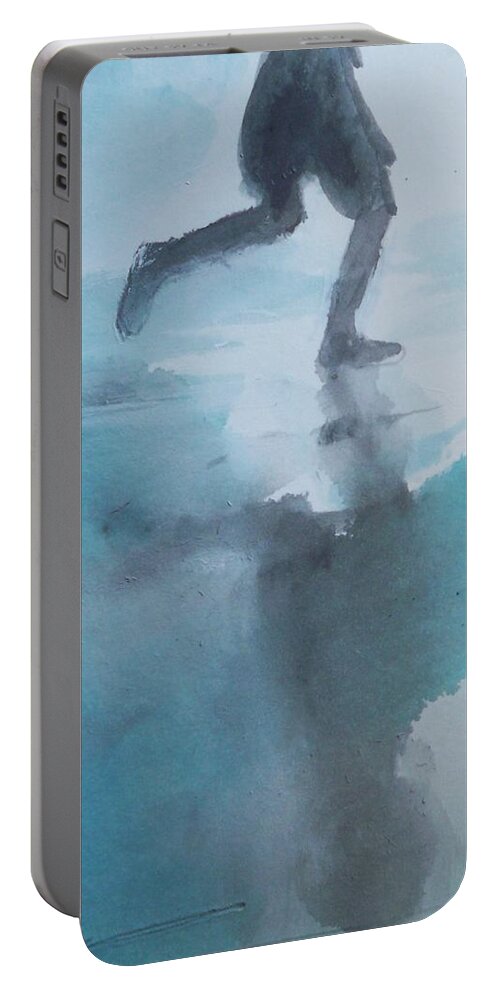 Water Outdoors Nature People Figures Ocean Travel Portable Battery Charger featuring the painting Run To The Beach by Ed Heaton