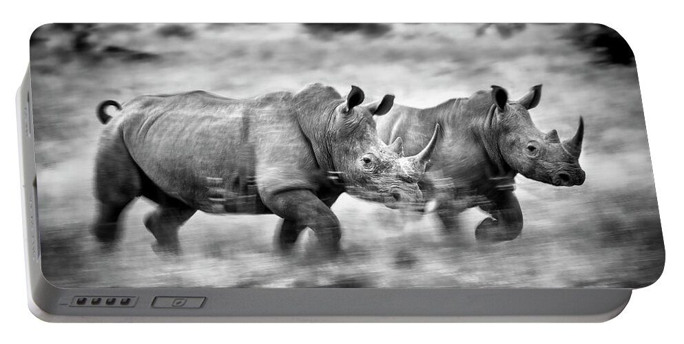 White Portable Battery Charger featuring the photograph Running Rhinos, South Africa by Stu Porter