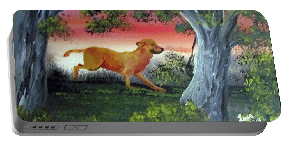 Dog Portable Battery Charger featuring the painting Running Through The Woods by Luis F Rodriguez