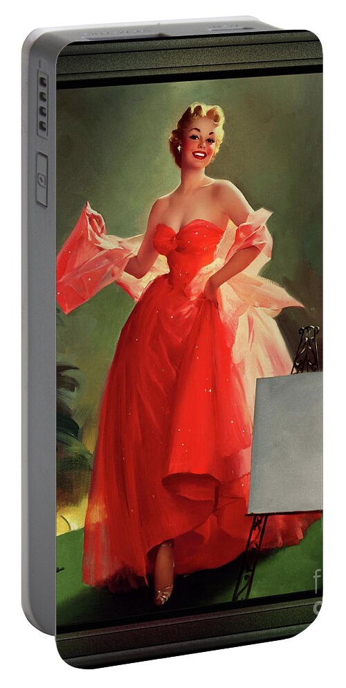 Runway Model Portable Battery Charger featuring the painting Runway Model In A Pink Dress by Gil Elvgren Pin-up Girl Wall Decor Artwork by Rolando Burbon