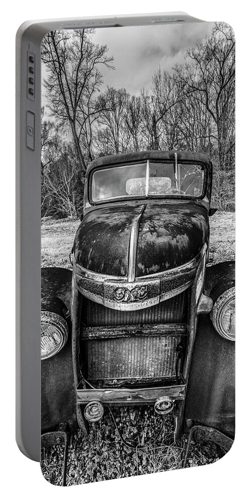 1937 Portable Battery Charger featuring the photograph Rusty GMC Pickup Truck 1938 1939 in Black and White by Debra and Dave Vanderlaan