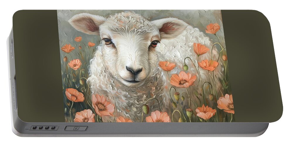 Sheep Portable Battery Charger featuring the painting Sadie In The Poppies 2 by Tina LeCour