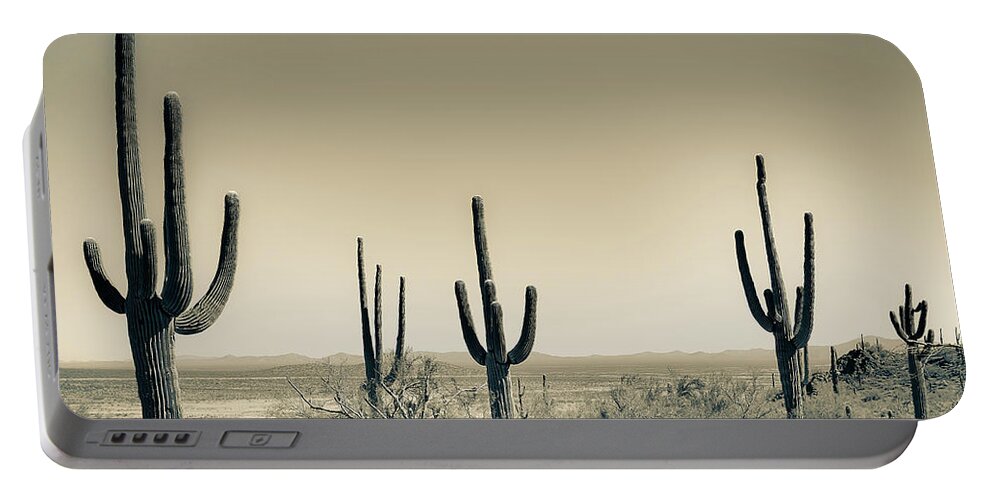 Saguaro Cacti Portable Battery Charger featuring the photograph Saguaro Landscape Sepia by Jennifer Wright