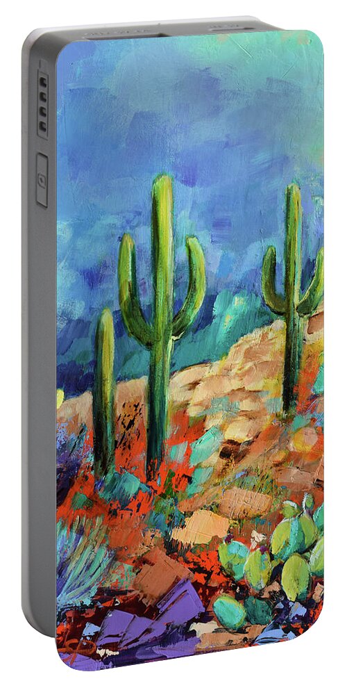 Saguaro Portable Battery Charger featuring the painting Saguaro Trio - Arizona by Elise Palmigiani