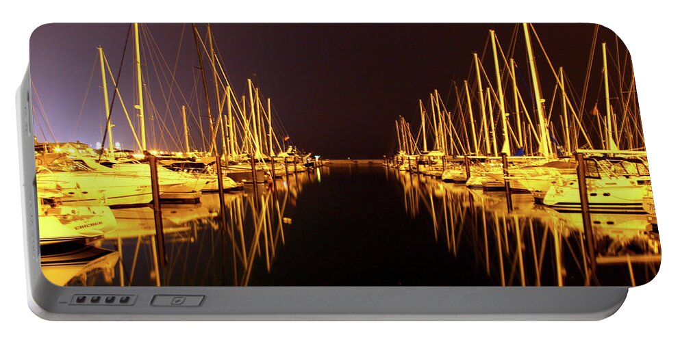 Waterscape Portable Battery Charger featuring the photograph Sail Boat Lights Night Monroe Harbor by Patrick Malon