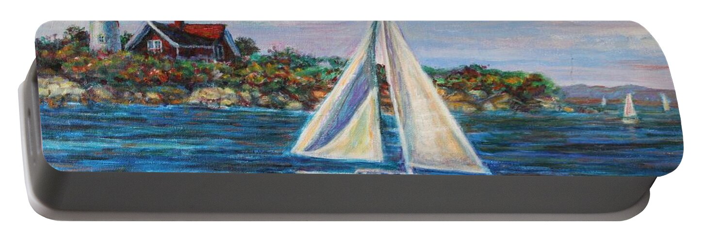 Sailboat Portable Battery Charger featuring the painting Sailboat On The Rhode Island Coast by Veronica Cassell vaz