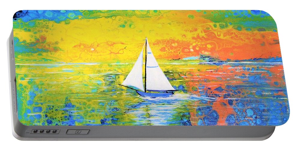 Wall Art Sailboat Sky Pouring Art Sunrise Sunset Home Decor Blue Sky Water Lake Art Gallery Acrylic Painting Abstract Painting Portable Battery Charger featuring the painting Sailboat by Tanya Harr