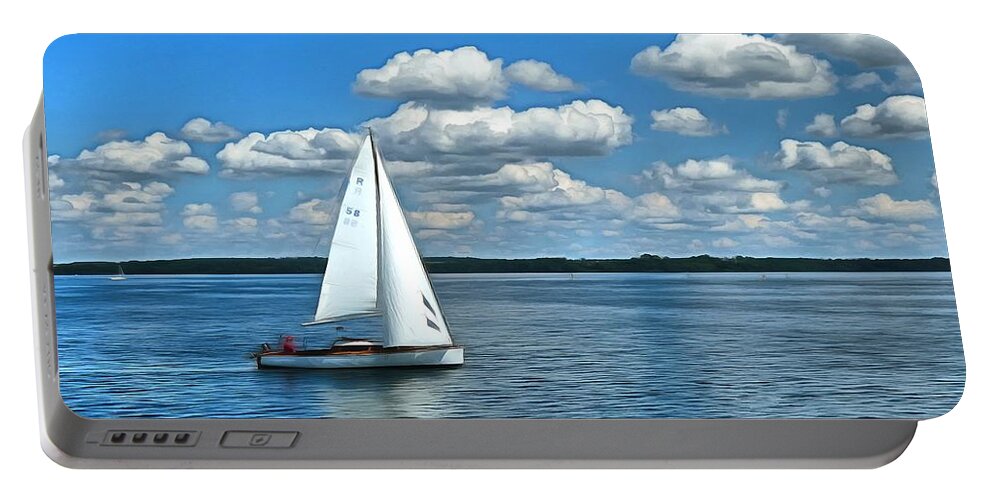 Sailing Boat Portable Battery Charger featuring the digital art Sailing boat idyll with cotton clouds by Marina Kaehne
