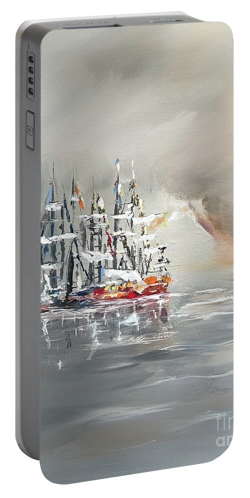 Sailing Boats At Harbor Miroslaw Chelchowski Acrylic Painting Print Ocean Dark Rest Boats Cloudy Seascape Water Gray Portable Battery Charger featuring the painting Sailing boats at harbor by Miroslaw Chelchowski