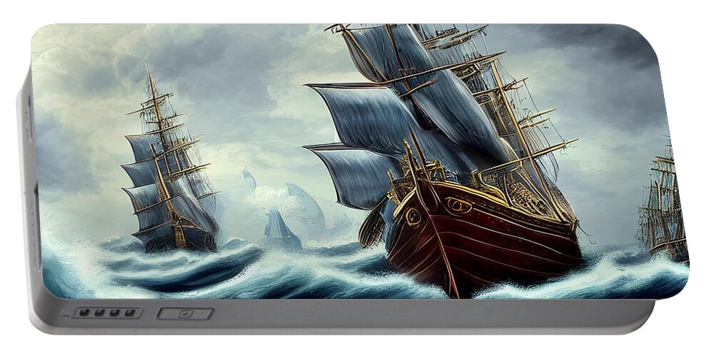 Digital Portable Battery Charger featuring the digital art Sailing Ships on a Stormy Sea by Beverly Read