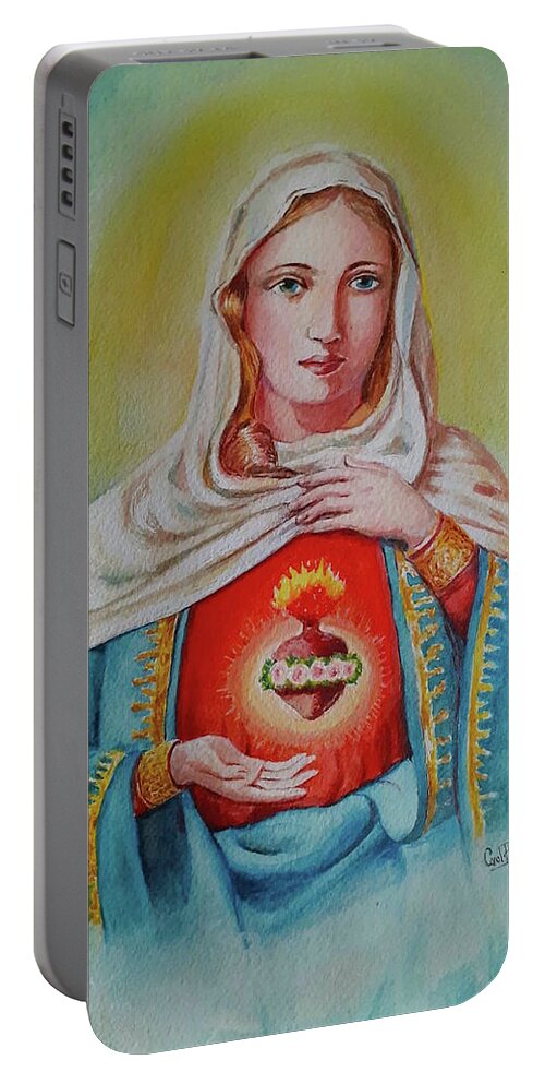 Saint Mary Portable Battery Charger featuring the painting Saint Mary s sacred heart by Carolina Prieto Moreno