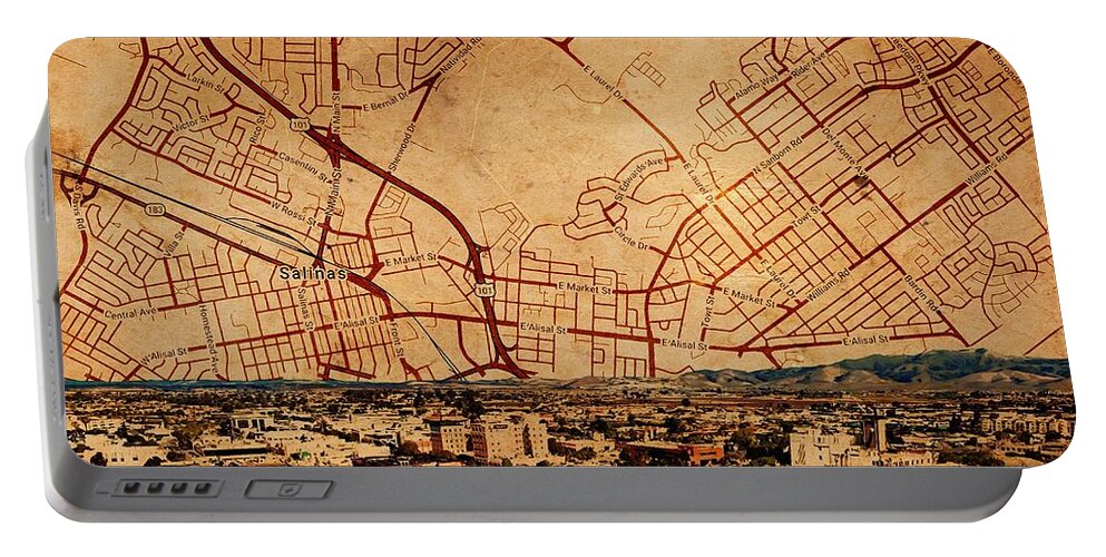 Salinas Portable Battery Charger featuring the digital art Salinas, California - panorama and map of the central part by Nicko Prints