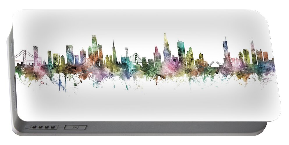 Chicago Portable Battery Charger featuring the digital art San Francisco and Chicago Skyline Mashup by Michael Tompsett