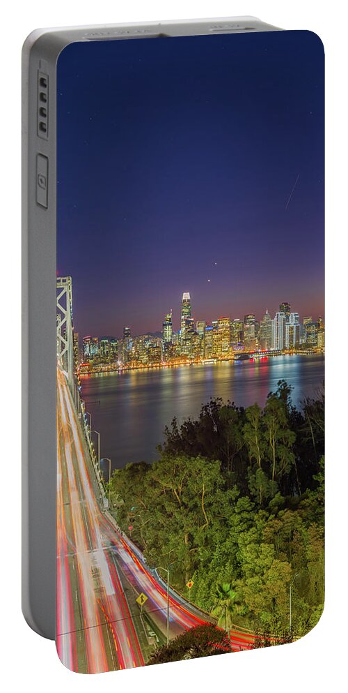 Bay Area Portable Battery Charger featuring the photograph San Francisco Bay Bridge Nightscape Portrait by Scott McGuire