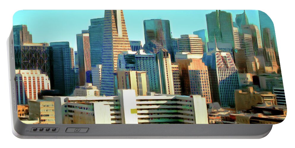 Wingsdomain Portable Battery Charger featuring the photograph San Francisco Downtown Financial District Cityscape Panorama With Bay Bridge R1814 Painterly Square by Wingsdomain Art and Photography