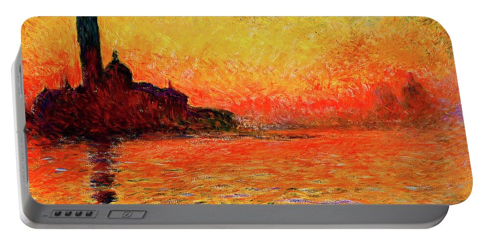 San Giorgio Maggiore At Dusk Portable Battery Charger featuring the digital art San Giorgio Maggiore at Dusk by Claude Monet - digital enhancement by Nicko Prints