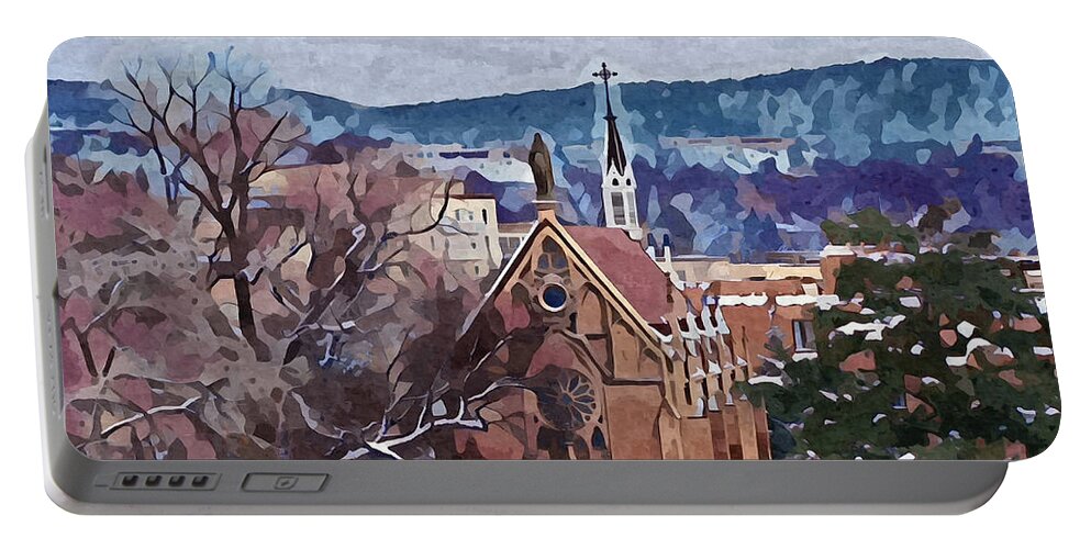 Southwest Portable Battery Charger featuring the digital art Santa Fe Loretto Chapel by Aerial Santa Fe