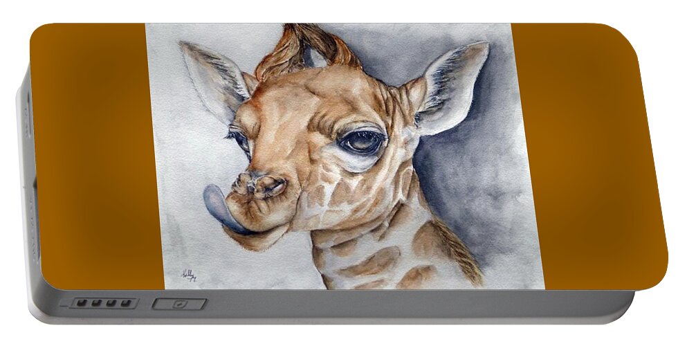 Giraffe Portable Battery Charger featuring the painting Sassy Little Giraffe by Kelly Mills