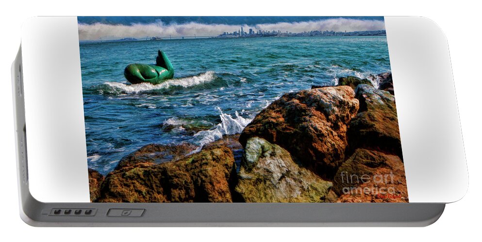 Sausalito Sea Lion Sculpture Portable Battery Charger featuring the photograph Sausalito Sea Lion Sculpture And San Francisco by Blake Richards