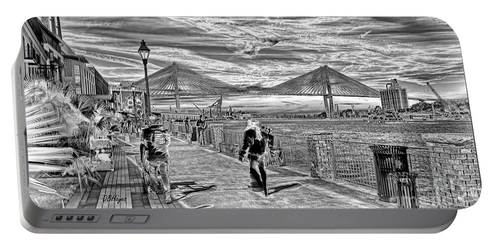 B&w Portable Battery Charger featuring the photograph Savannah's River Walk Photo-Art by DB Hayes